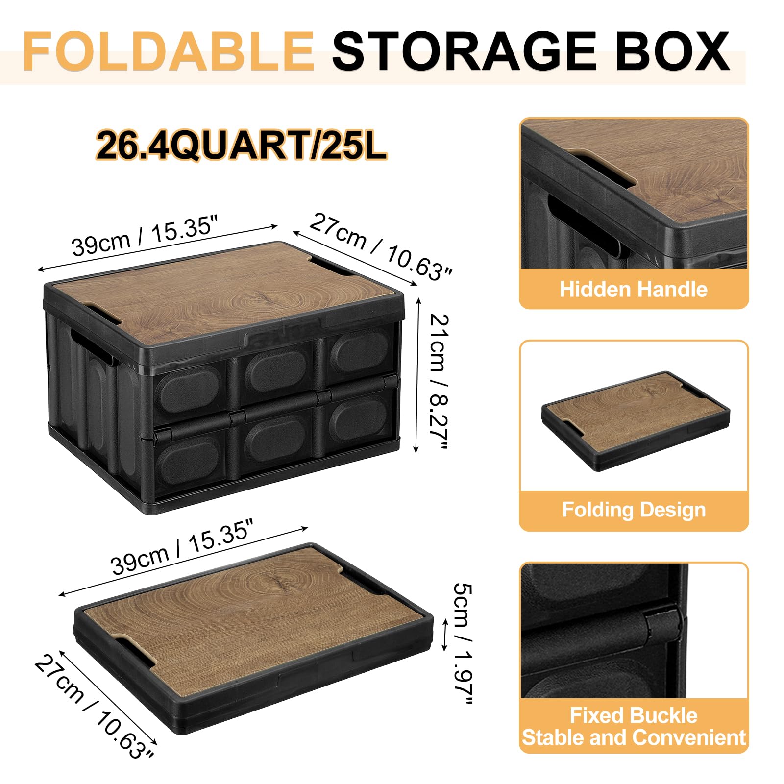 QUARKZMAN 1Pcs Contenitori Di Archiviazione Con Coperchio 26.4 Quart Contenitore Pieghevole Con Maniglie Scatola Ripiegabile Contenitore Impilabile Per Campeggio Auto Cam E Ufficio (Nero)