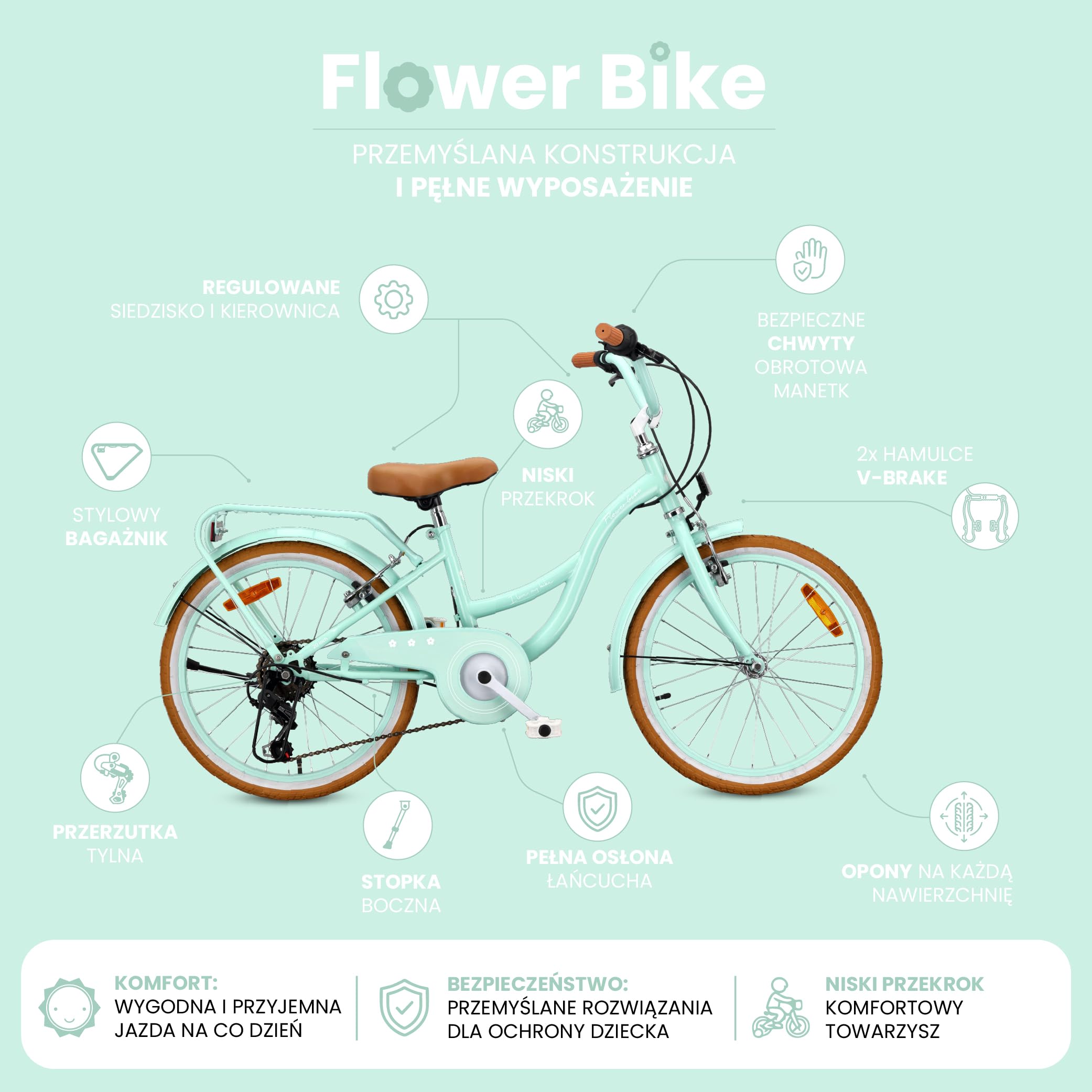 SUN BABY FLOWER BIKE RETRO Rower dziecięcy dla dziewczynki | Stalowa rama, hamulce V-Brake, błotniki, osłona łańcucha, odblaski, dzwonek i regulowana wysokość