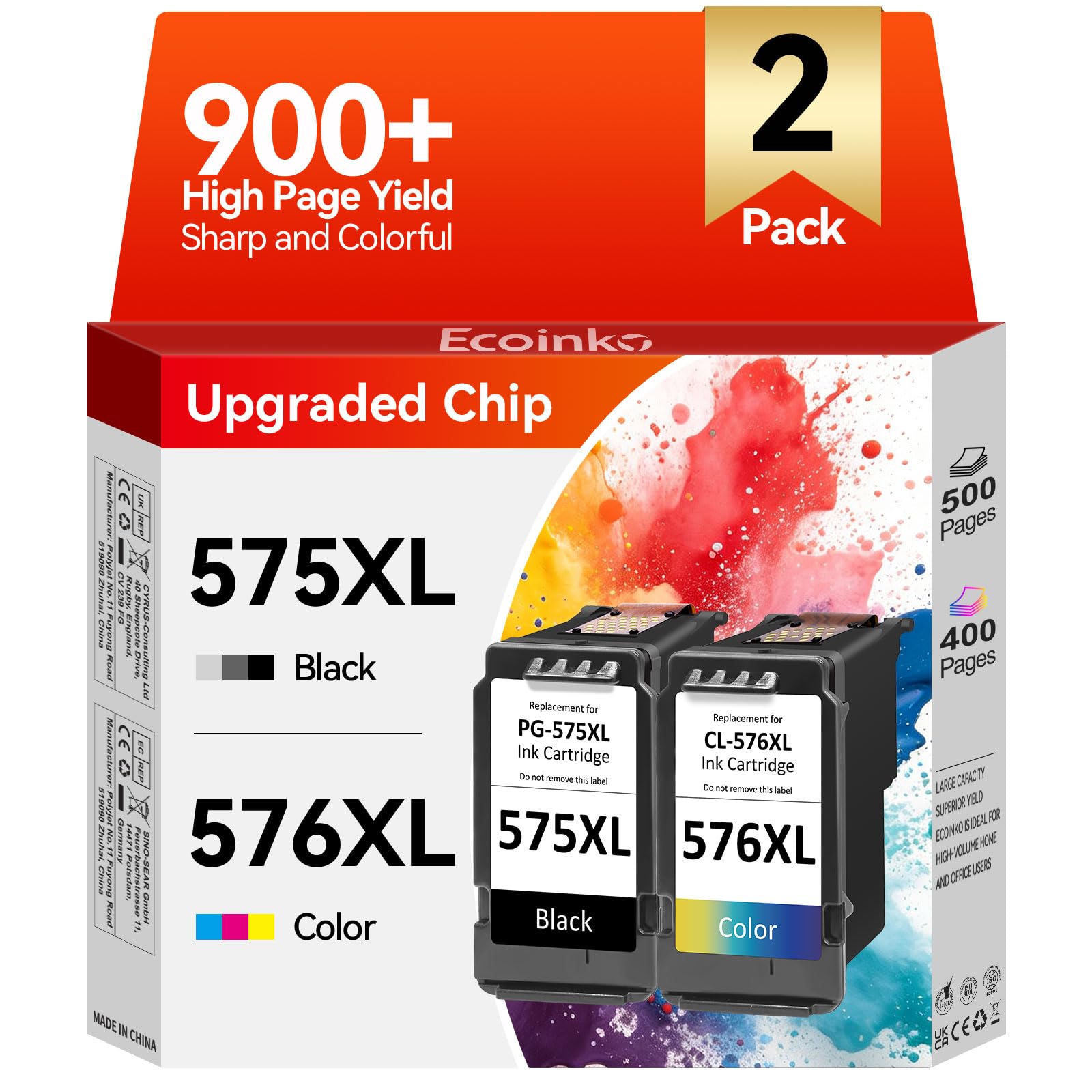 ECOINKO PG-575XL & CL-576XL – 900+ Pages, Remplacement pour Cartouche Canon 575 et 576 Origine, Cartouche Encre 575 576 XL pour Canon Pixma TS3550i TS3750i TS3751i TR4750i TR4751i TR4755i TR4756i
