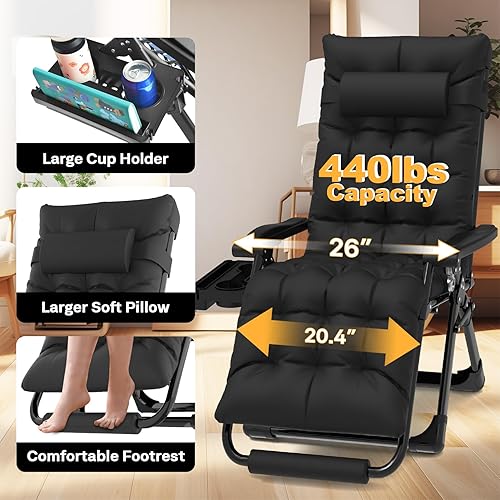Miniatura 5 de Slendor Zero Gravity Chairs,26" Padded Zero Gravity Recliner, Lounge Chair for Outside, Lawn Patio Chair with Aluminum Alloy Lock, Foot Rest, Cup