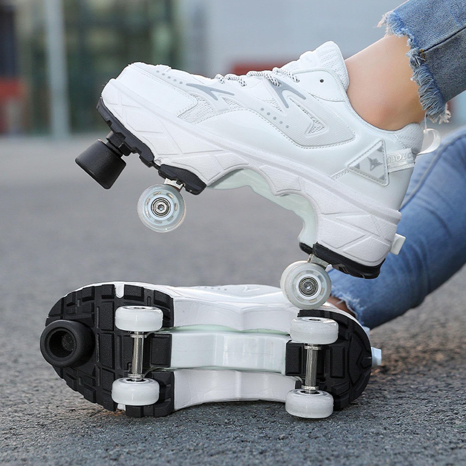 Chaussures De Patins À roulettes Unisexes Chaussures Déformées Multifonctionnelles 2 en 1, Chaussures Parkour pour Adultes/Enfants, Chaussures À roulettes pour Cadeau Débutant,White1-37EU