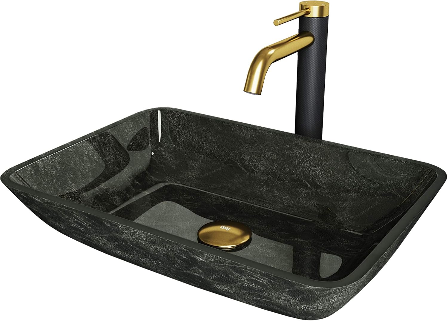 VIGO 18" L -13" W -10" H Donatello Glass Rectangular Vessel Sink Set in Gray Onyx with Faucet and Drain -VGT2022