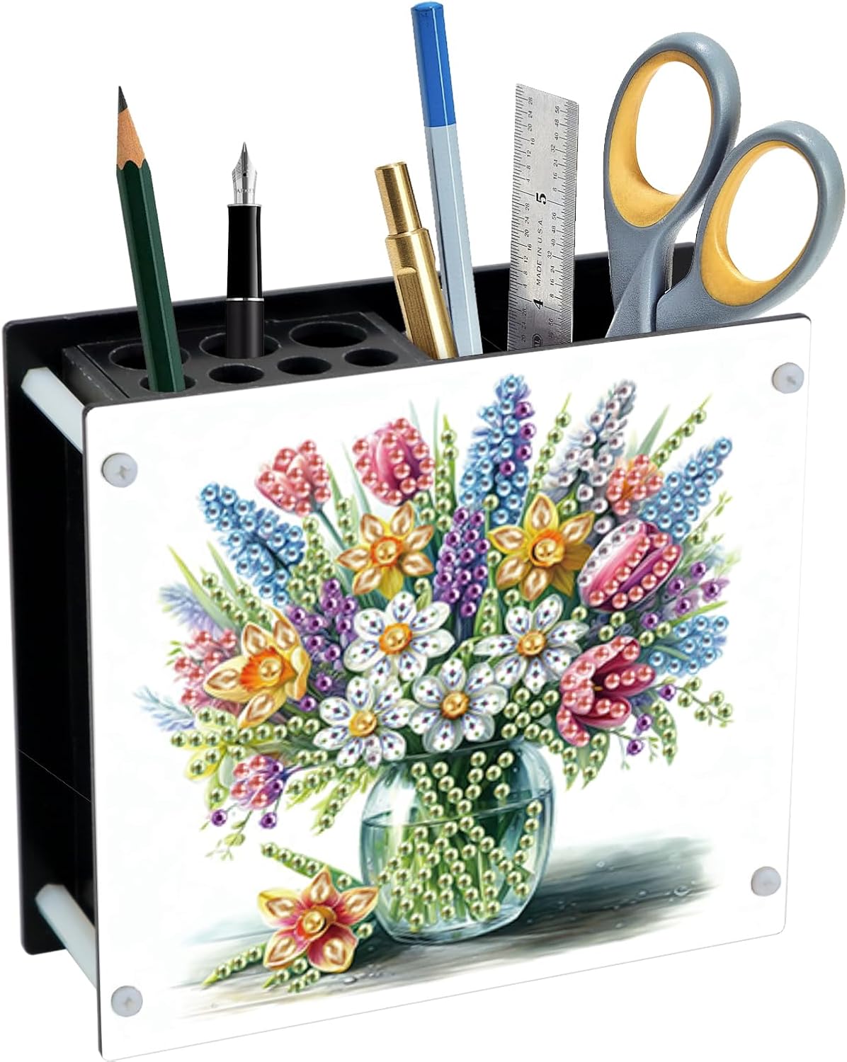 Diamond Art Pen Holder Flower Diamond Painting Pencil Holder Vase Gem Art Penholder Gem Painting Pen Organizer Mosaic Kits for Adults Embroidery Kit Pencil Organizer, Contains 12 Slots