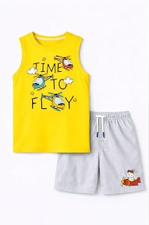 LILY & JADE Boys Pure Cotton Sleeveless T-Shirt & Shorts Set | Time To Fly Helicopter Print Summer Outfit for Kids | Soft... Price In India