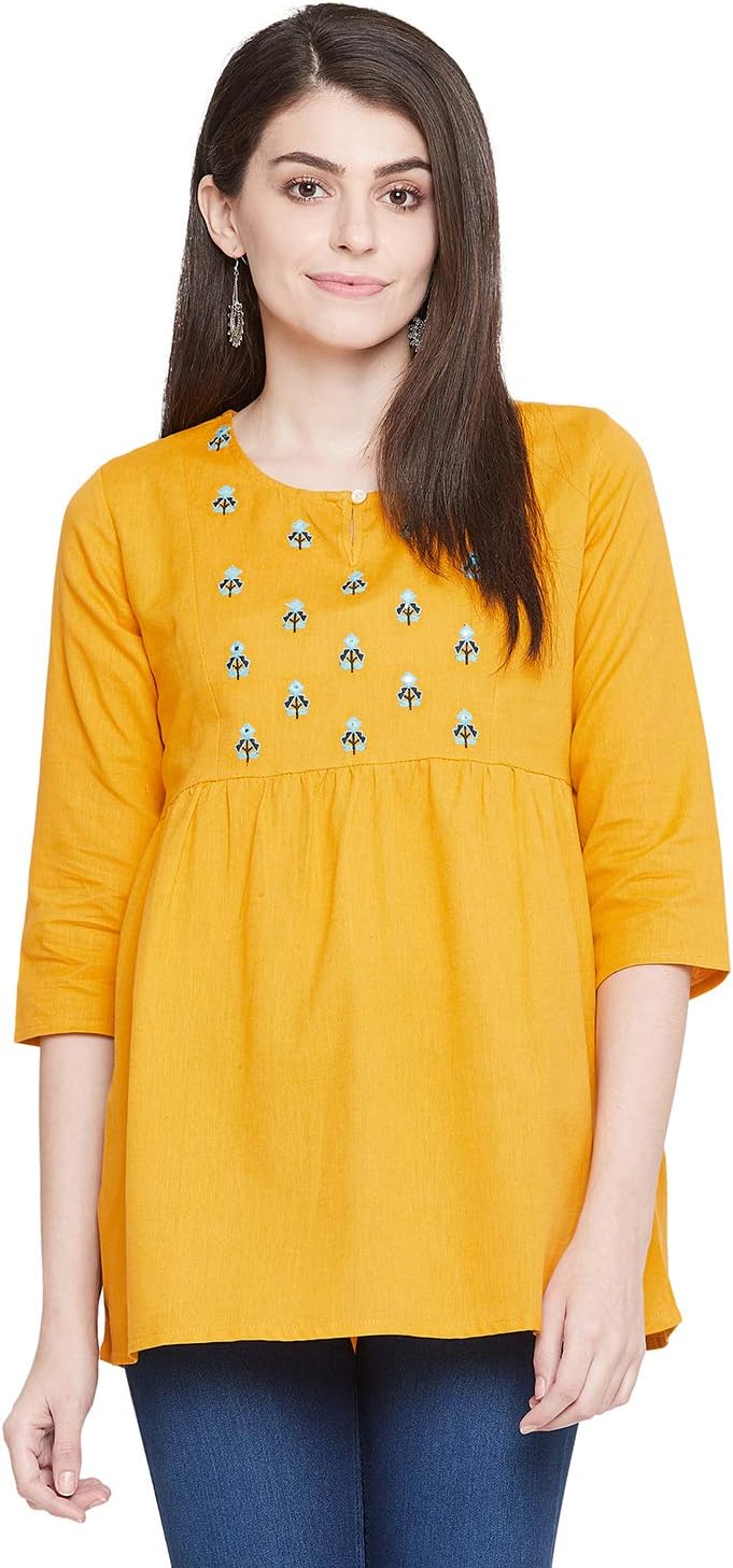 EVALONA Yellow Embroidered Round Neck Straight Sleeve Cotton Short Kurta for Women