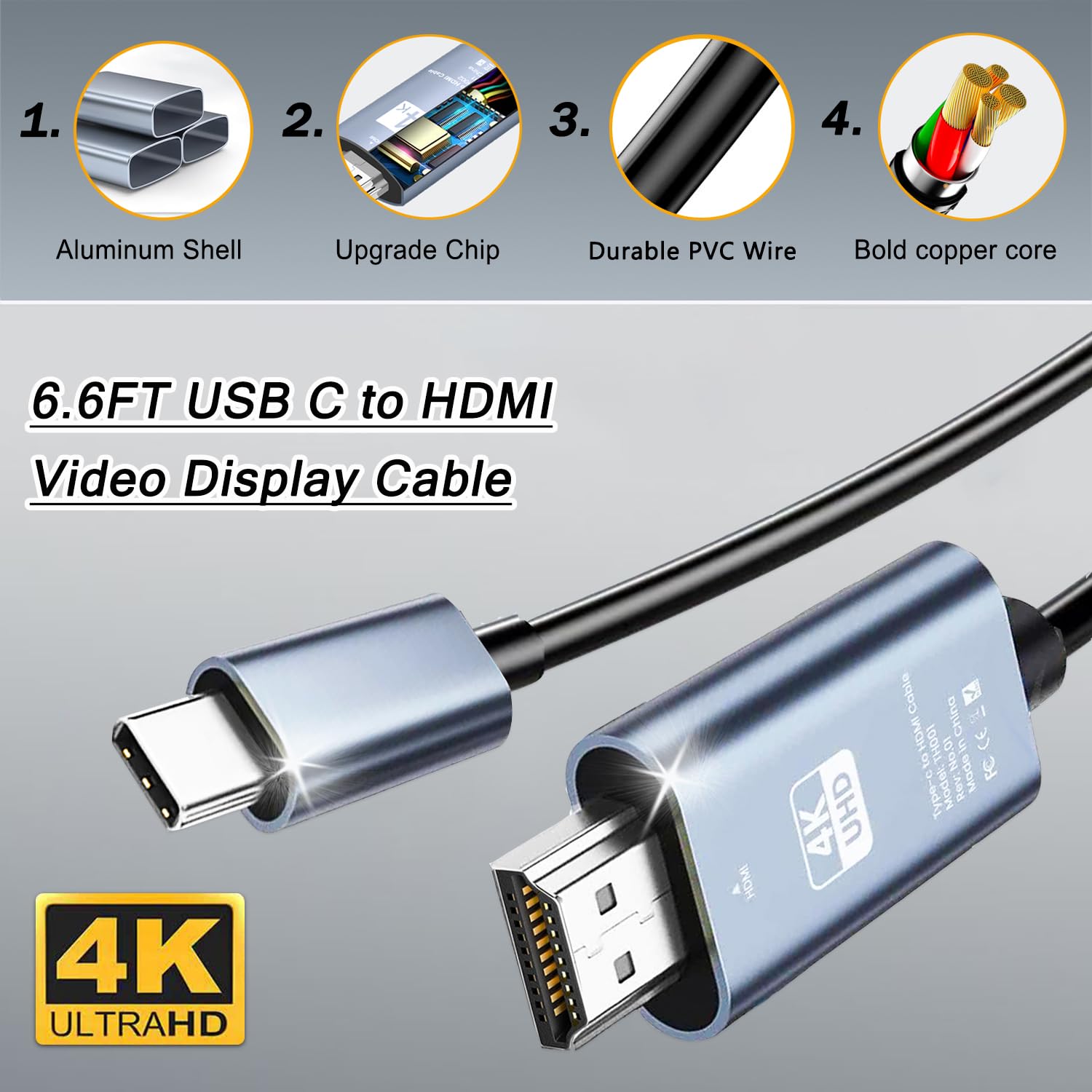 Ankky 6.6FT HDMI Cable Adapter for iPhone 15 to HDTV, 4K USB C to HDMI Video Cable, Thunderbolt 3 & 4 Compatible for iPhone 15/16 Series, MacBook Pro/Air, iPad Pro, Surface Book 2, Galaxy S23 and More