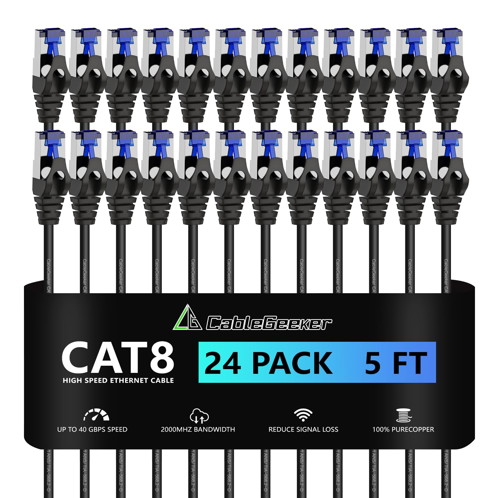 CableGeeker Patch Cables Cat8 5ft 24 Pack Slim, Cat8 Ethernet Patch Cable 40G 2000MHz Support, Snagless RJ45 Cat 8 Patch Cable for Patch Panel to Switch, Flexiable Network Cable - 5 Feet Black
