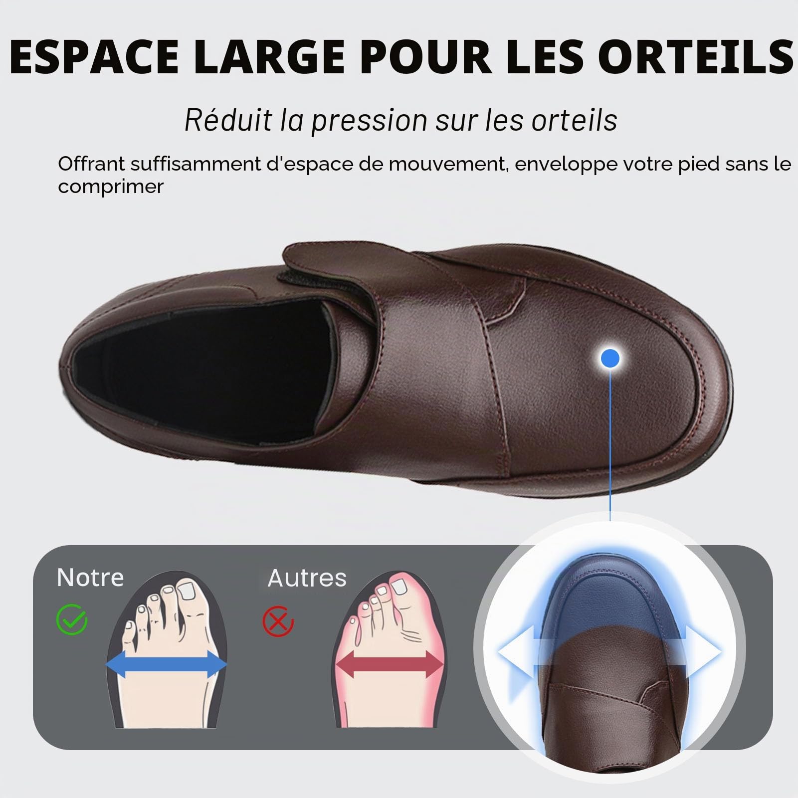Chaussures Cuir,Hommes Chaussures Marche Diabète,Arthrite œdèmes Pieds Gonflés Chaussures Ajustables pour Personnes Âgées Chaussures de Bandage Pantoufles,Noir,42EU