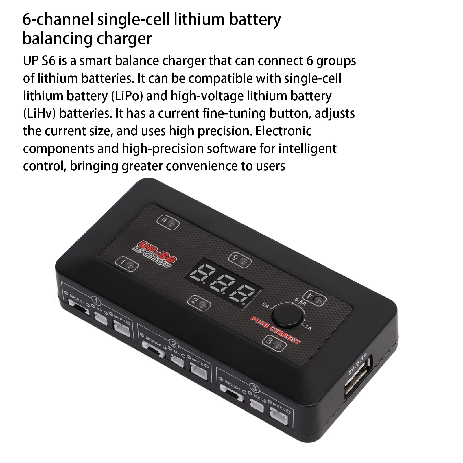 Changor UP-S6AC Chargeur de Batterie S6 RC avec Indication Vocale Intelligente et Sortie USB pour Batteries Lipo Lithium 5 V 2,1 A pour Les Amateurs de Quadricoptères et D'avions RC