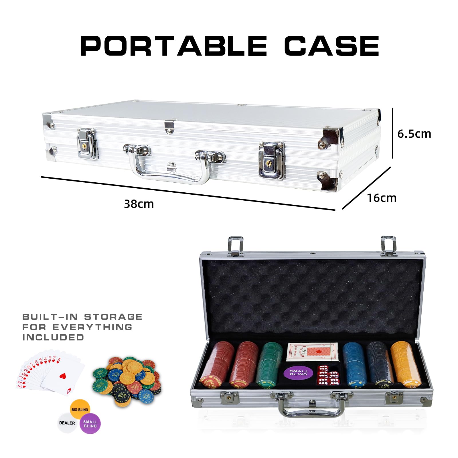 Set da Poker 300/500 Chips di Stampa in Plastica,Valigetta Poker Professionale in Alluminio con mazzi di Carte,Dadi,Pulsante Dealer