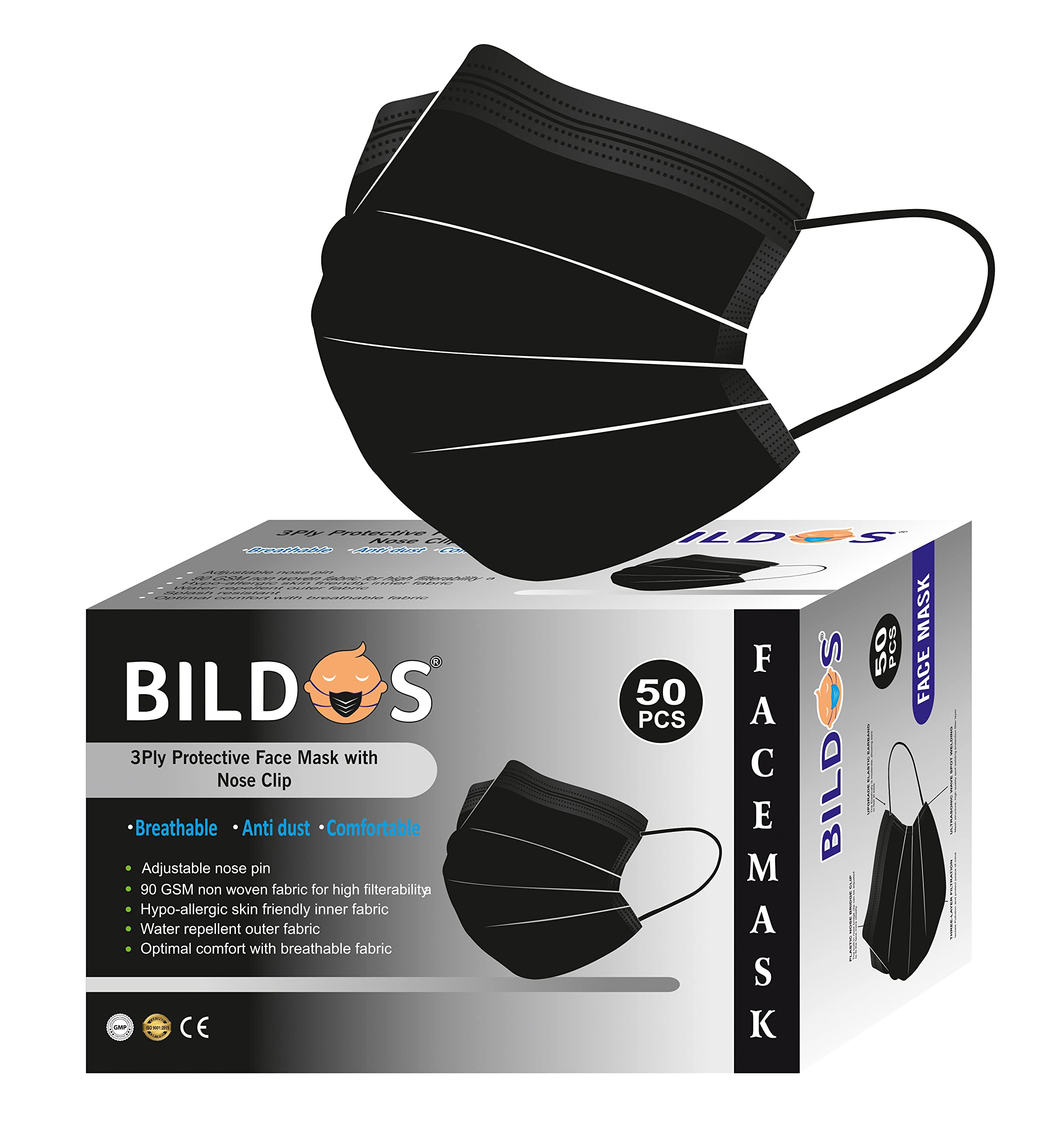 Bildos Melt-Blown Fabric 50 Pieces Masks 3 Layer Disposable Surgical Face Mask For Men & Women With Nose Clip For Home, Office, School, And Outdoors, Black