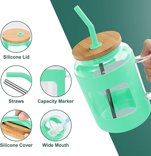 Miniatura 3 de Vaso de vidrio de 50 onzas con tapa y popote, botellas de agua de vidrio con asa y funda de silicona, taza de café helado con máquina de tiempo,