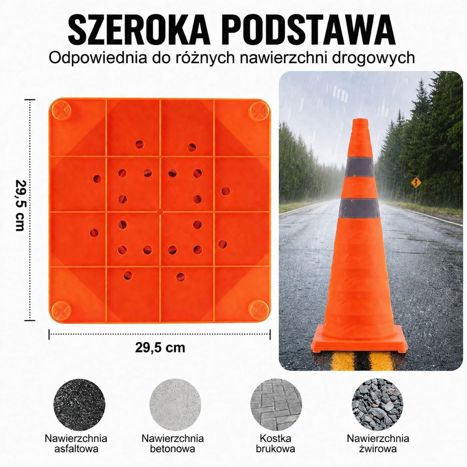 4 sztuki składanych pomarańczowych pachołków drogowych z szarymi pasami, szeroką podstawą i torbą do przechowywania