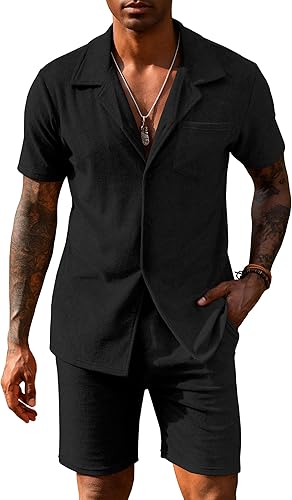 URRU Mens Short Sets 2 Piece Outfits Summer Beach Terry Short Sleeve Button Down