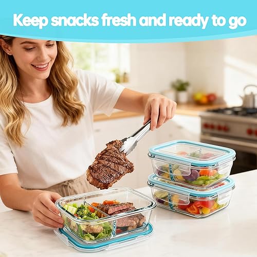 Miniatura 7 de Paquete de 3 recipientes de vidrio para aperitivos, recipientes de vidrio con tapas herméticas, sin fugas, contenedor pequeño de almacenamiento de