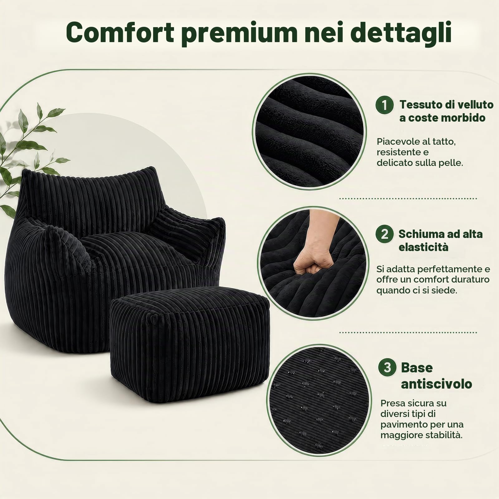 Pouf XXL per adulti con ottomana, poltrona reclinabile ergonomica con 5 zone di sostegno, fodera in coulisse, imbottitura in spugna ad alto rimbalzo, salvaspazio, per soggiorno, camera da letto e