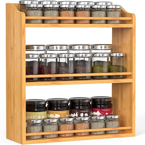 Miniatura 1 de Organizador de especias de bambú, estante de 3 niveles para tarros de especias para encimera de cocina o montaje en pared