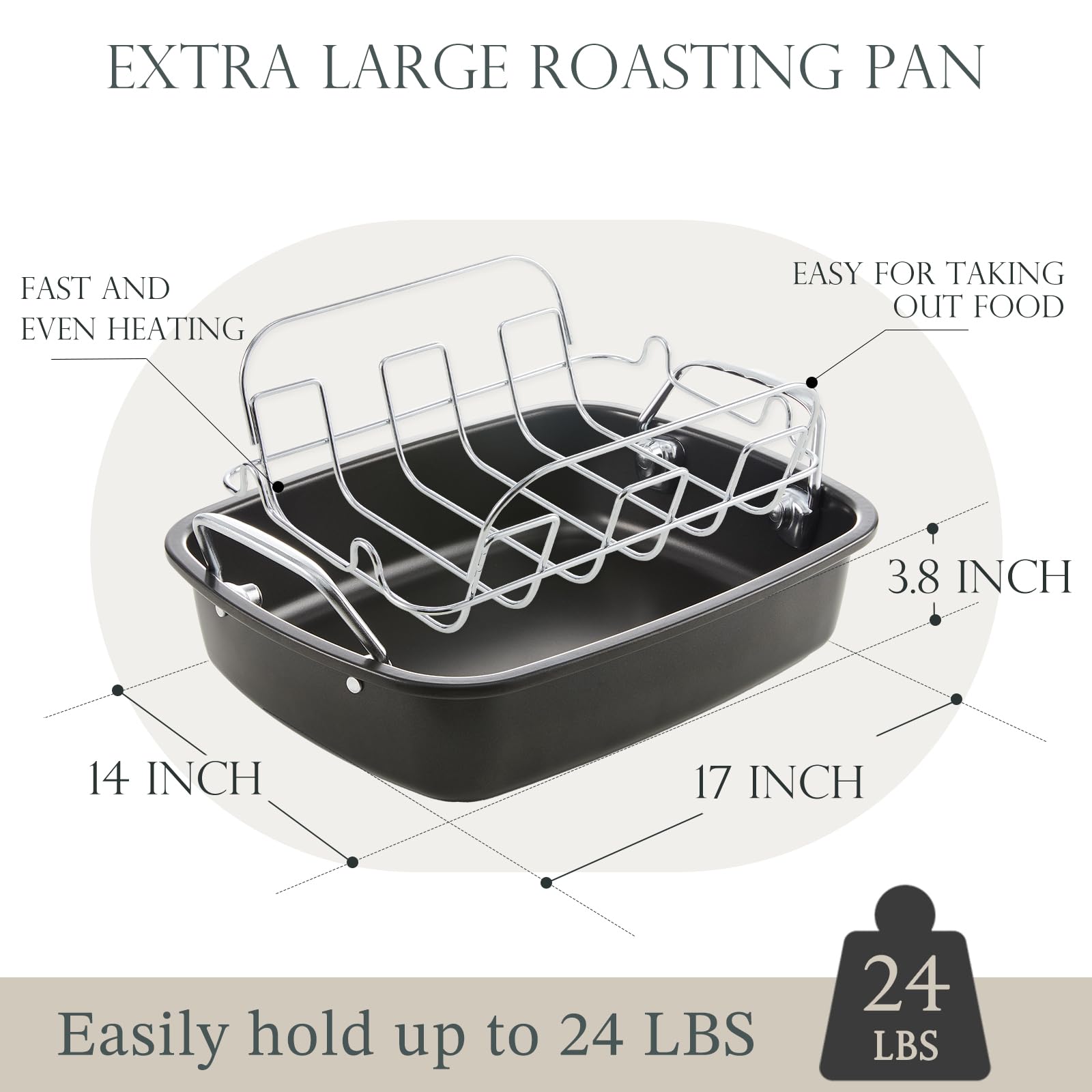 Sartén antiadherente para asar pavos con estante de 17 x 14 pulgadas, sartén grande para asar pollo para horno, asas más anchas y construcción resistente, adecuada para pavos de 24 libras, color gris 6