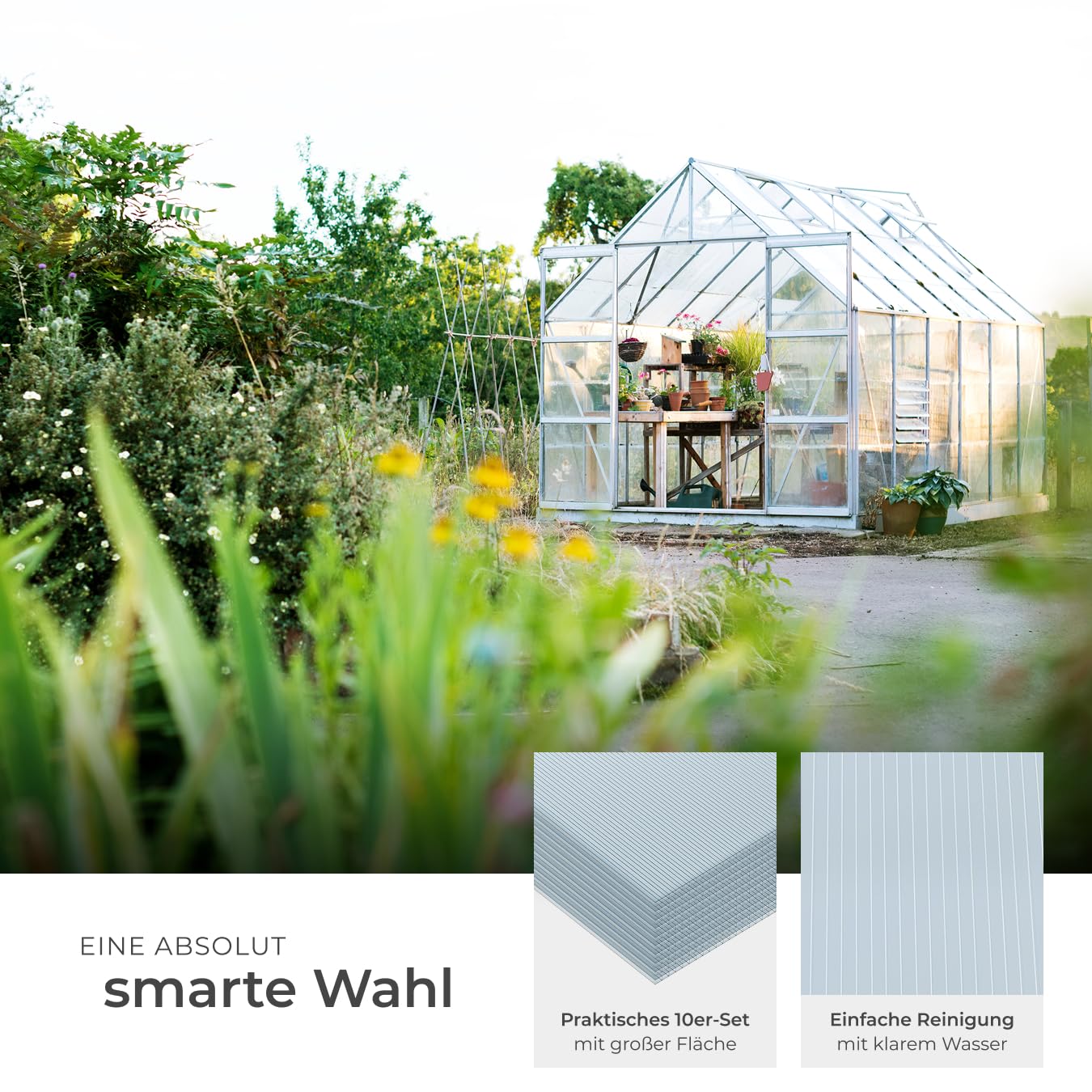 tectake® Polycarbonat Doppelstegplatten, 10x Platte, UV-beständige Kunststoffpaneele, Stegplatten Kunststoffplatte Gewächshaus, Terrassenüberdachung, Frühbeetaufsatz - 121 x 60,5 x 0,6 cm