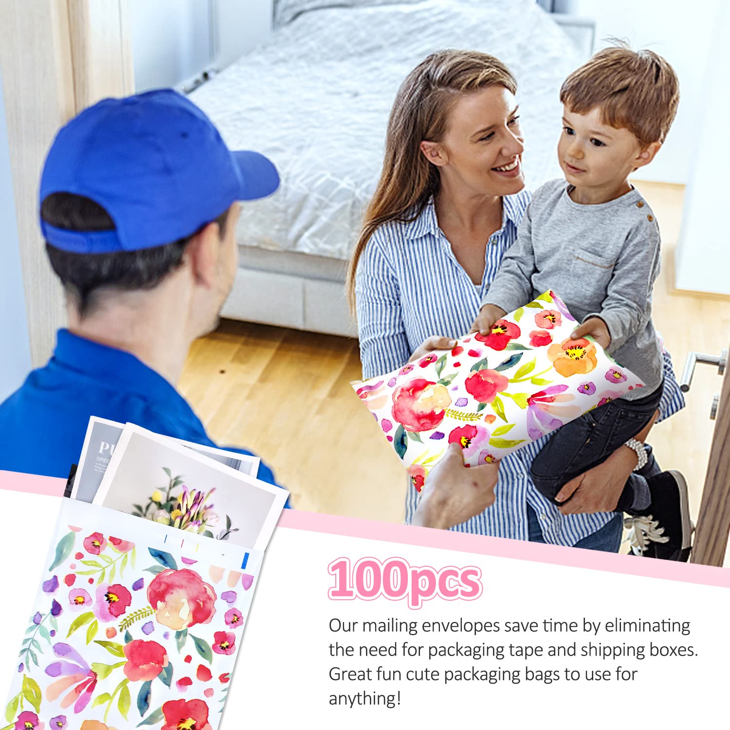 Lot de 100 enveloppes en polyéthylène de 25,4 x 33 cm, jolies enveloppes d'expédition pour petites entreprises, sacs d'expédition pour vêtements, fournitures de boutique avec bande auto-adhésive