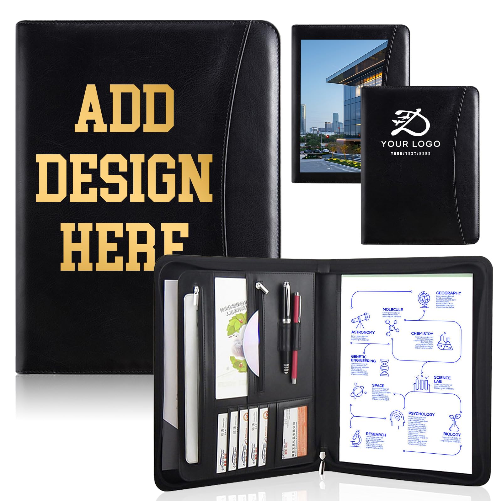 Personalized Leather Portfolio with Zipper - Custom Logo/Text/Photo Binder, A4/Letter Size Document Holder, Business Card Organizer for Women & Men -