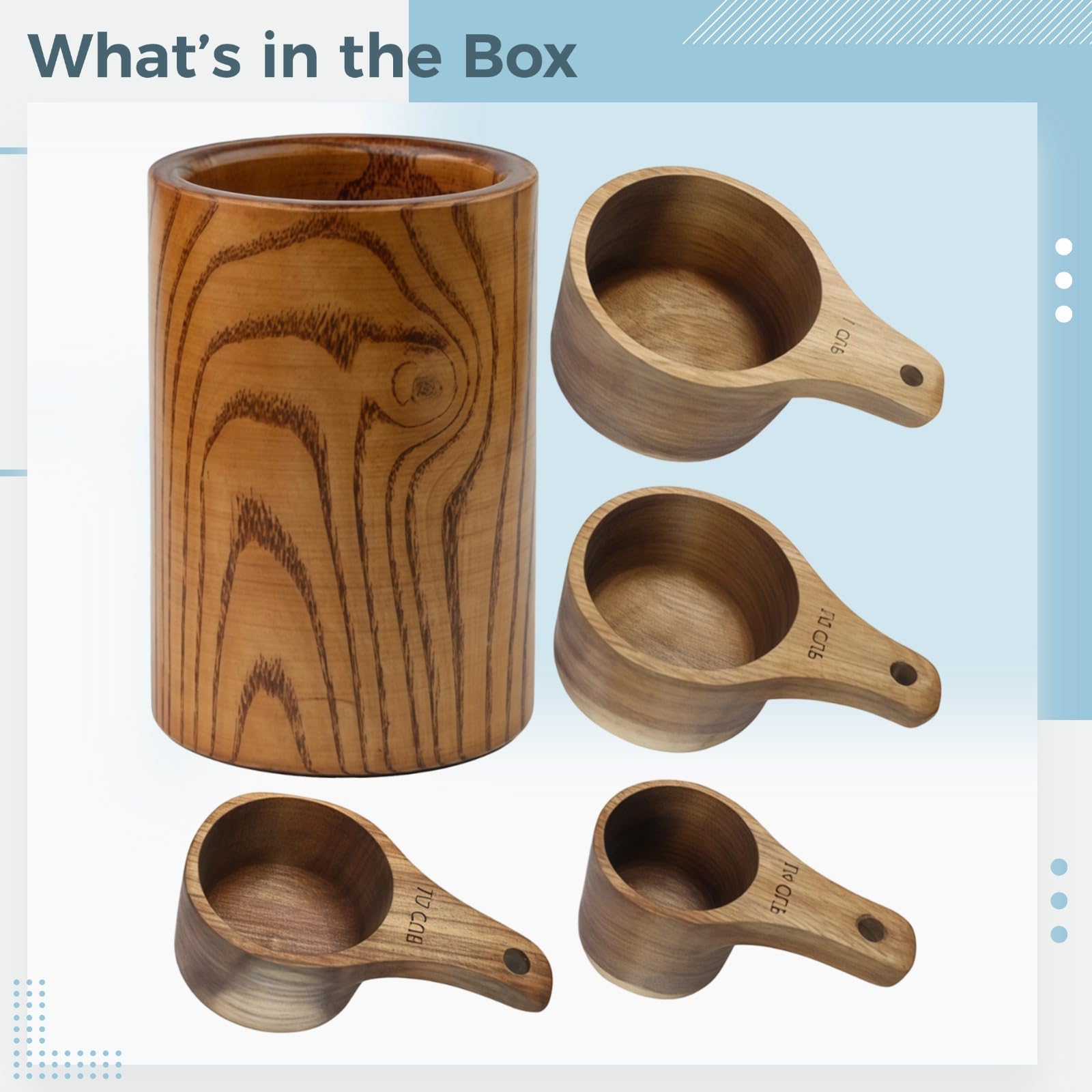 4 Stk. Messbecher aus natürlichem Holz, Set mit Griffen für die Küche, ergonomische Formgebung, präzise Dosierung von Flüssigkeiten, Feststoffen und Pulvern, inklusive praktischem Aufbewahrungseimer