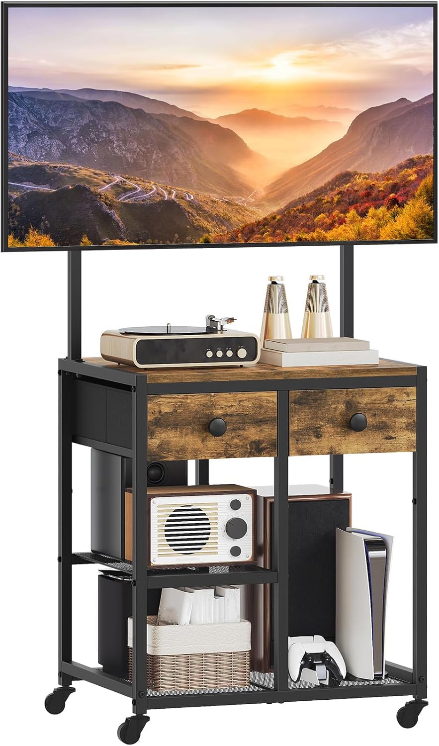 Meuble TV d'angle roulant YATINEY marron rustique pour téléviseurs jusqu'à 50 pouces DS08BR