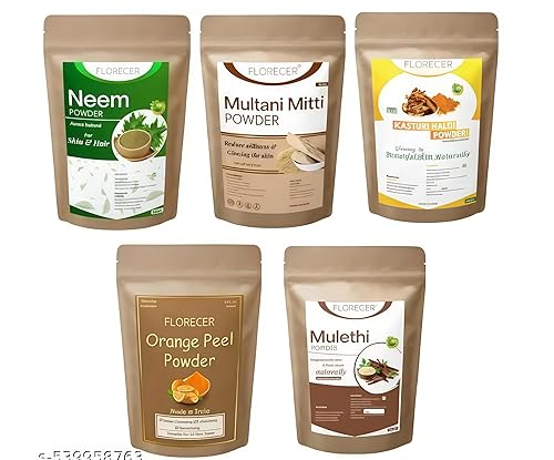 Combo de paquete facial a base de hierbas  Mulethi, Neem, Kasturi Haldi, cáscara de naranja y polvo de Mitti Multani  Kit de cuidado de la piel 100%