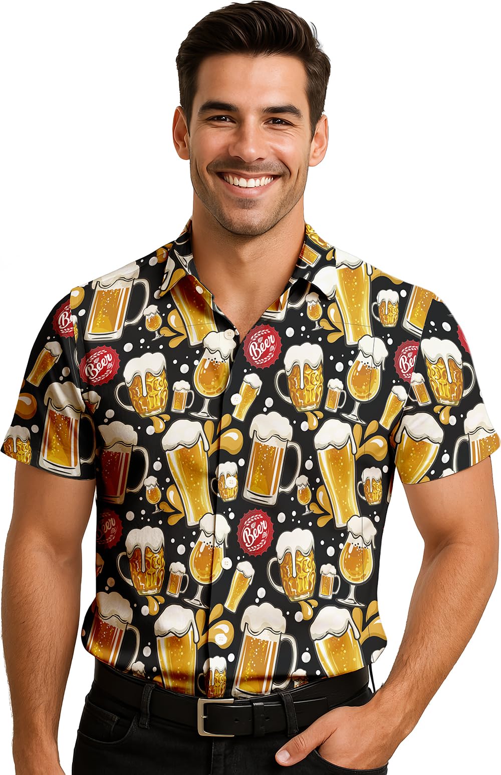 FIESTAS GUIRCA | Beer Shirt Oktoberfest (42-44/L) - Clothing for Beer Festivals and Celebrations - Ideal for Adult Men at Drinking Events and Oktoberfest - Black and Yellow