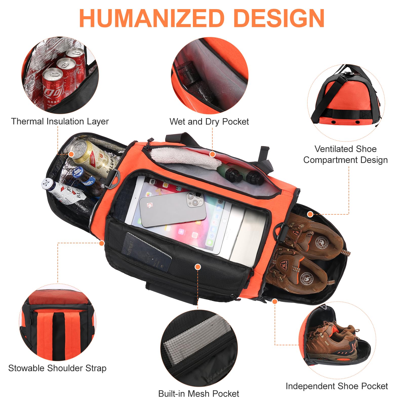 Bolsa Deporte Hombre, 36L Mochila Gimnasio Hombre, Bolsa de Viaje Mujer Impermeabile Oxford con Compartimento para Zapatos, Compartimento para Artículos Húmedos y Capa Aislante (Naranja)