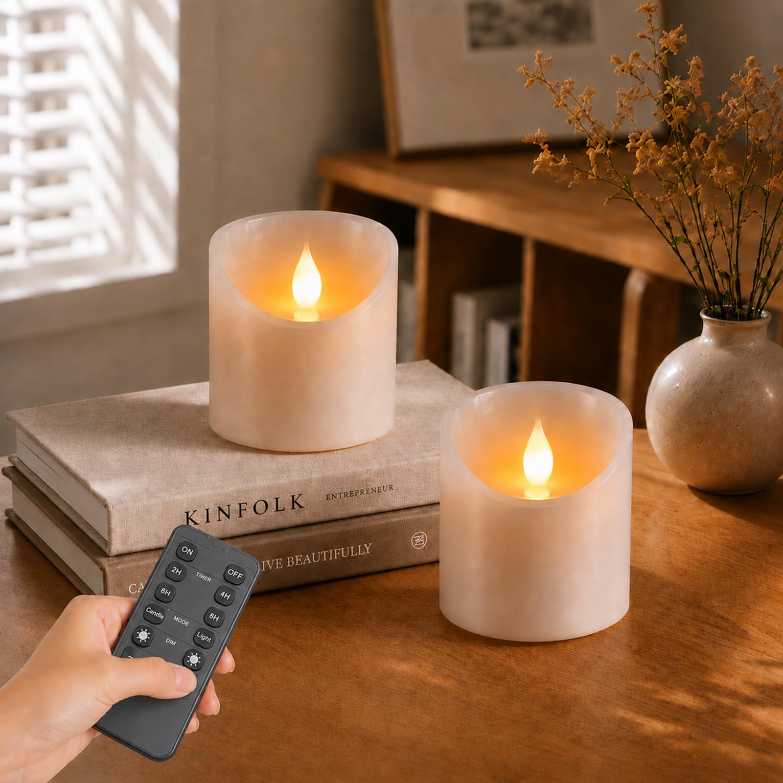 3"x3" Flickering Flameless Candles, Realistic LED Candles, Battery Operated Candles with Remote and Timers, Real Wax Electric Fake Pillar Candles for Festival Wedding Home Party Decor -2Pack