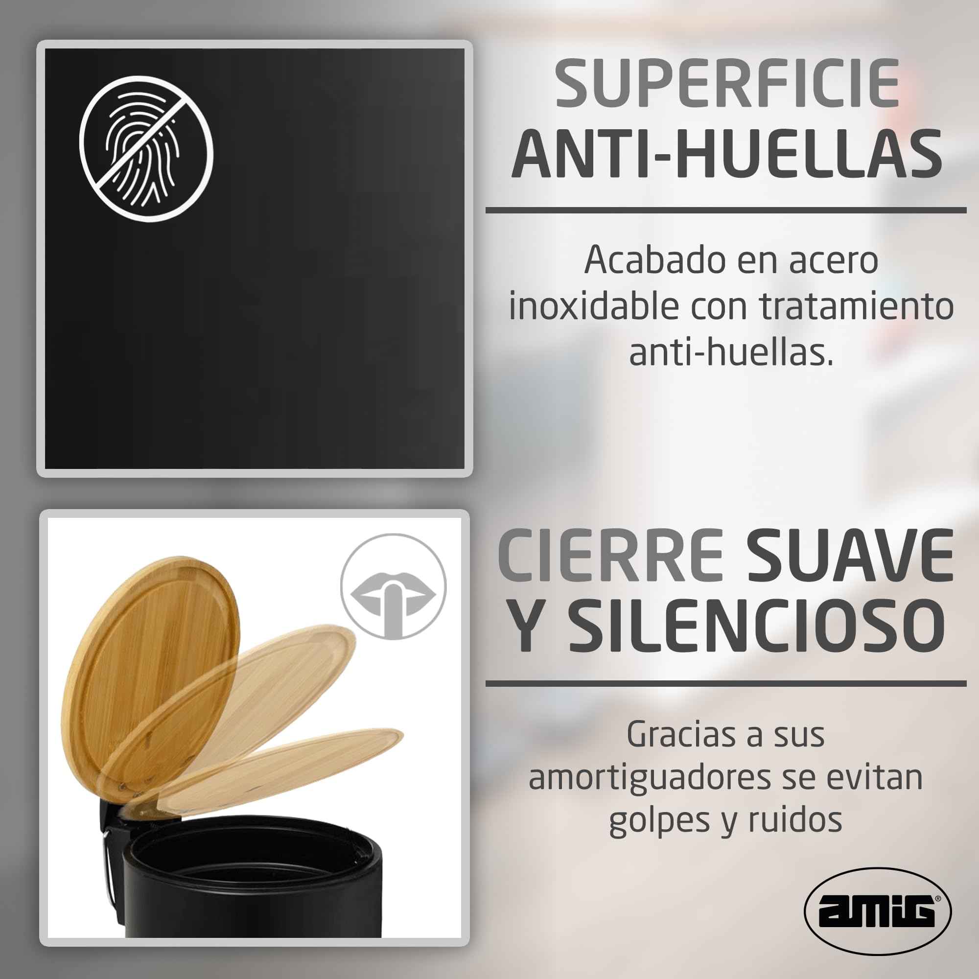 Amig Cubo de Basura para Baño con Pedal 5 Litros Negro y Bambú Acero Inoxidable Lacado Ø20x26 cm