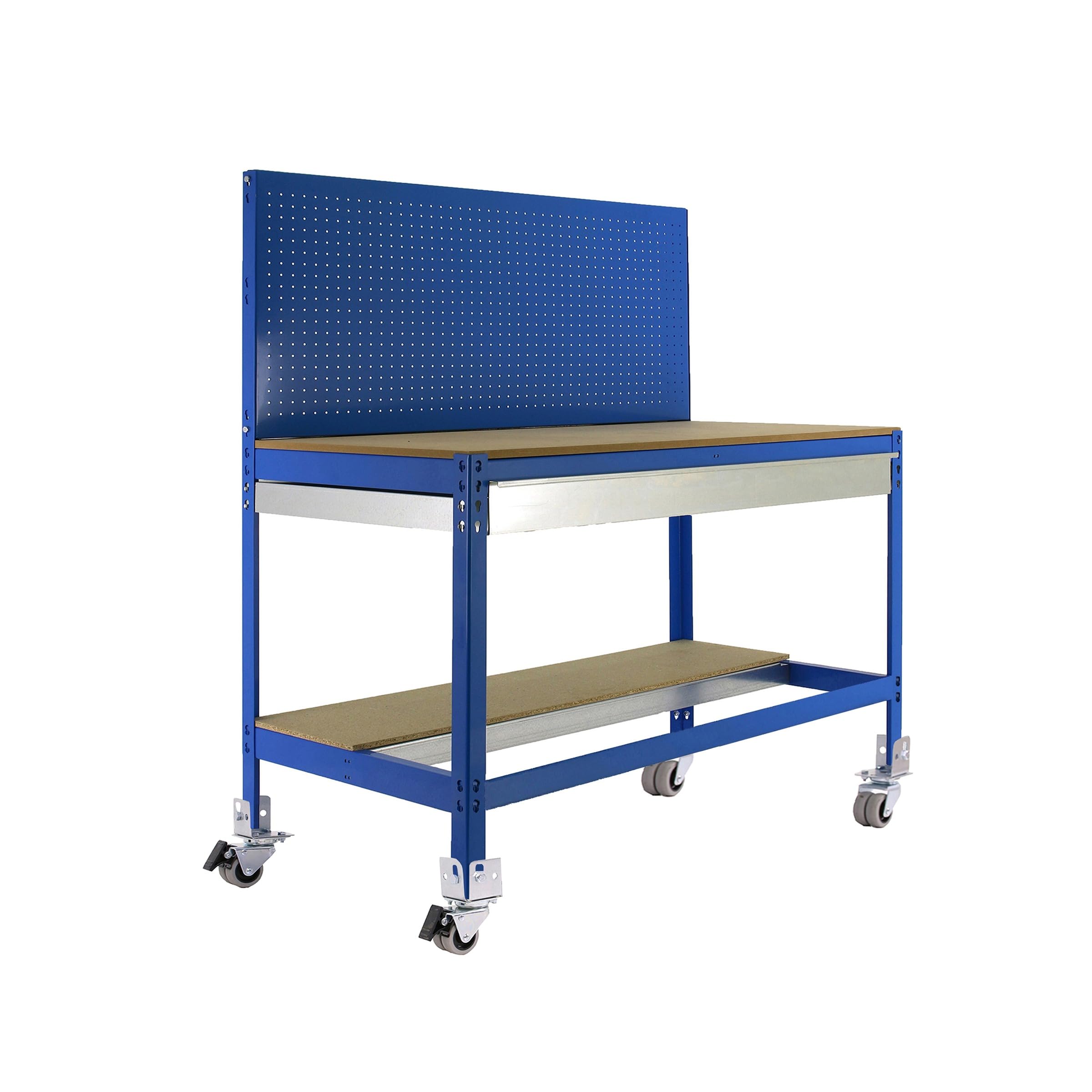 Simon Rack Banco de Trabajo Taller con Ruedas 1510x610 mm - BT2 | Panel Perforado y Cajón, Tablero madera 16 mm, Capacidad Carga 120 kg, Azul , Pintura anticorrosión, Montaje sistema clic