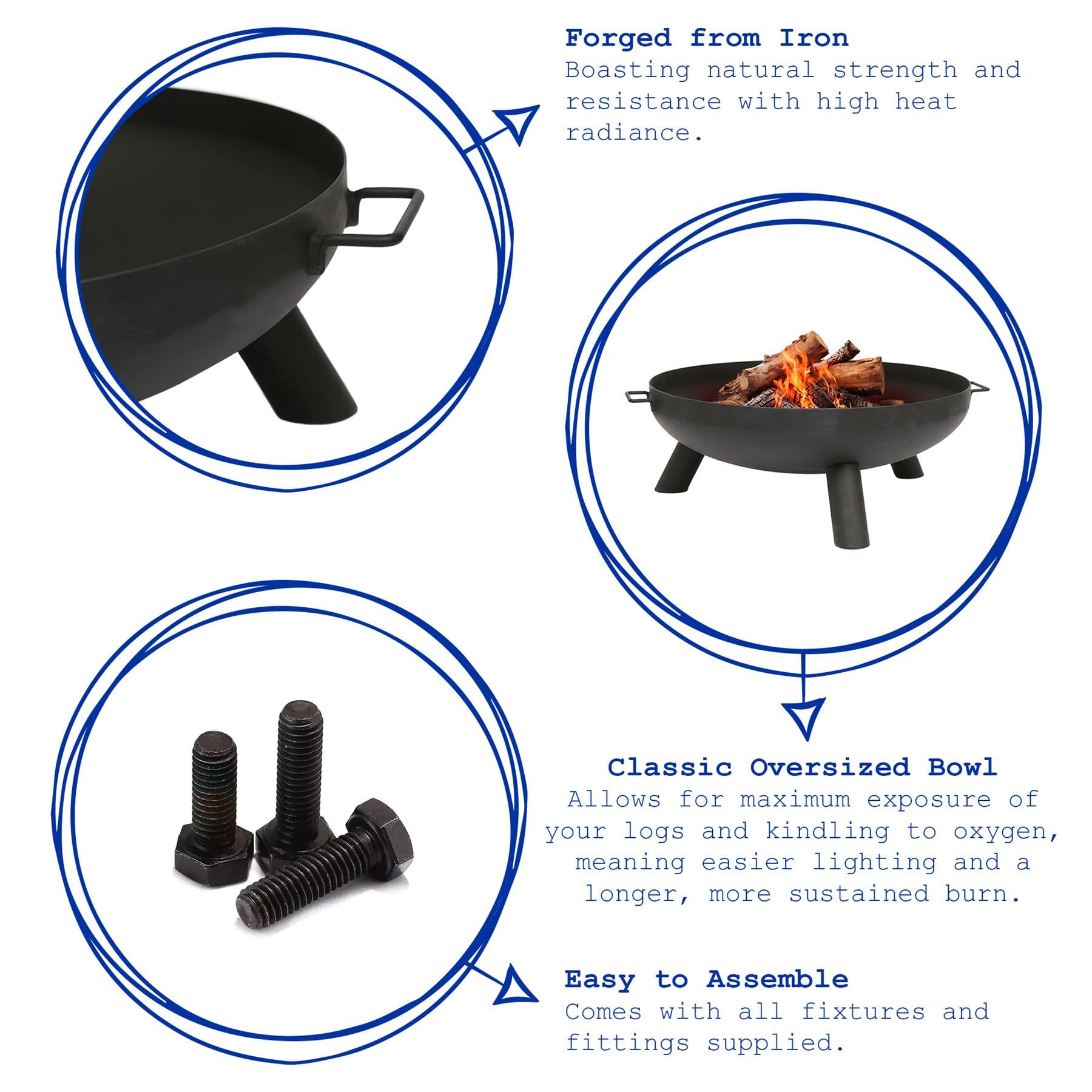 Hammer & Tongs 59.5cm Iron Fire Pit - Small Outdoor Round Garden Fire Bowl Brazier Garden Patio Heater Stove for Wood Logs, Charcoal Burning, BBQ, Camping Firepit - 2