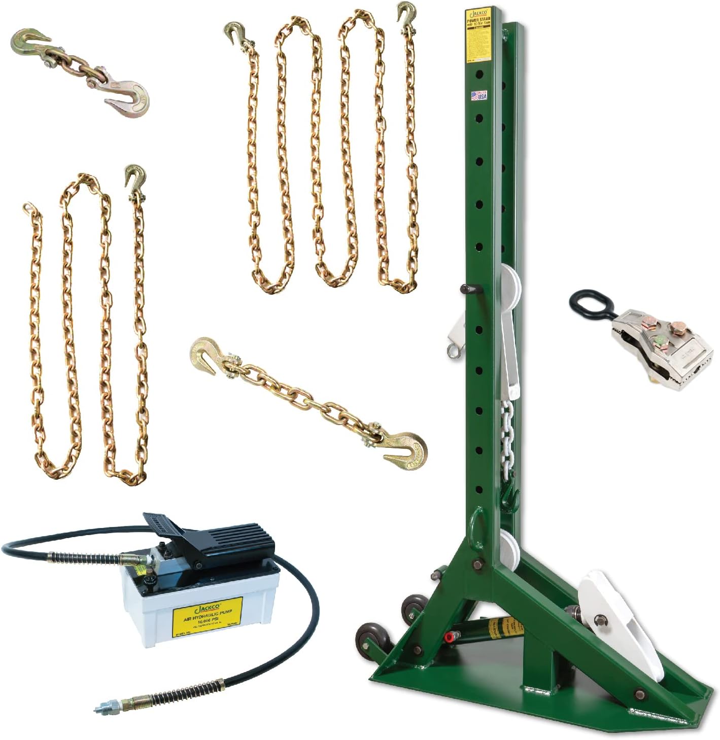 Jackco Power Stand Package - 59 Pulling Post with 10 Ton 8 Ram, Air Hydraulic Pump, Hose, Chains, Pulling Clamp 893-PK1 893-PK1