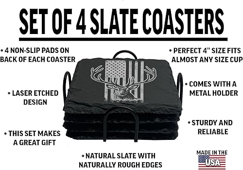 Miniatura 2 de Rogue River Tactical Juego de 4 posavasos de pizarra, juego de regalo de caza, bandera patriótica de Estados Unidos, juego de posavasos de regalo,