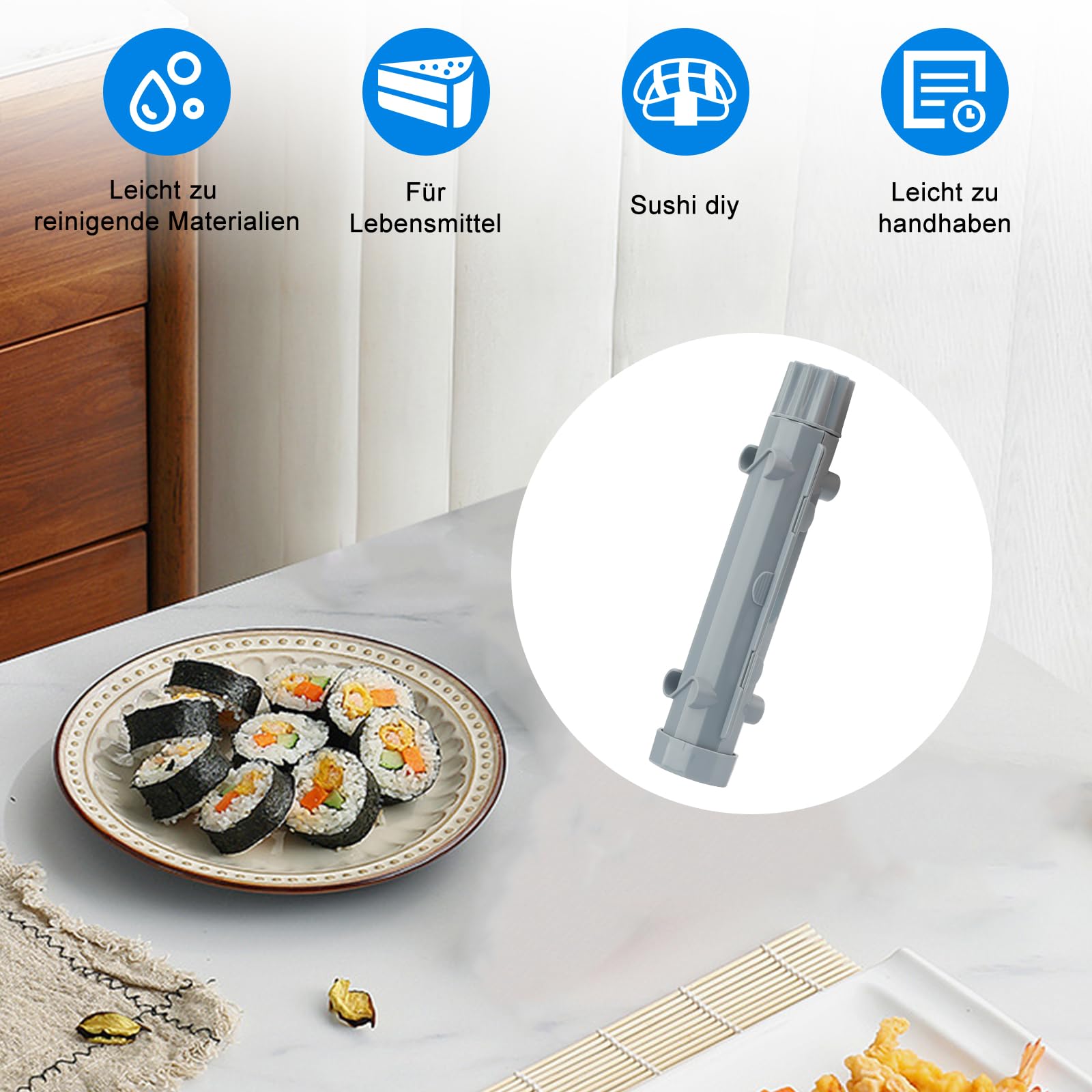 Zestaw 2 szt., szare sushi, bazooka, forma do sushi z matą bambusową, łatwy w obsłudze, zestaw do sushi dla początkujących i profesjonalistów, do samodzielnego wykonania sushi