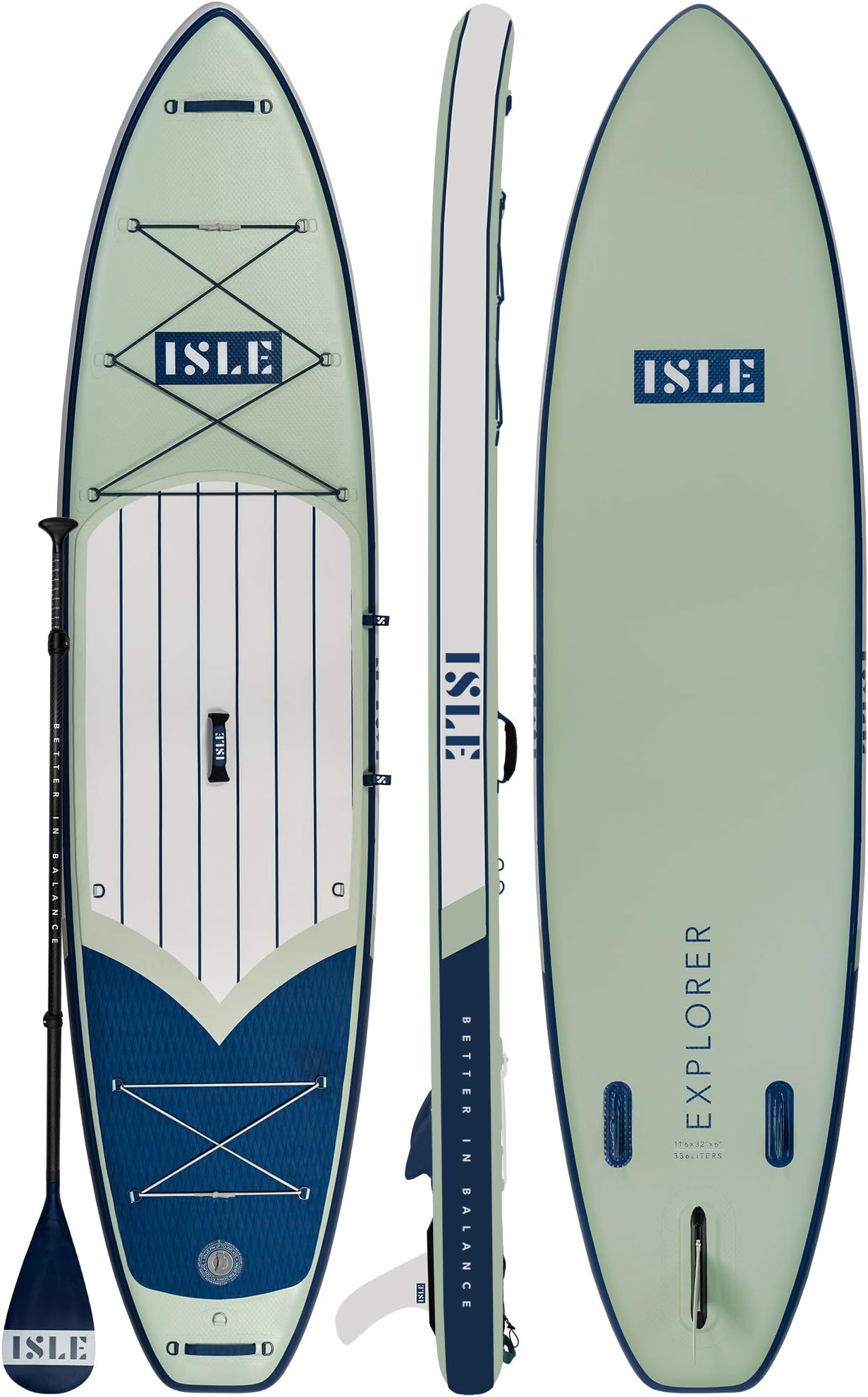 ISLE Explorer Inflatable Stand Up Paddle Board & iSUP Bundle Accessory Pack — Durable, Lightweight with Stable Wide Stance — 300 Pound Capacity, 11'6" Long, 6" Thick (Green)