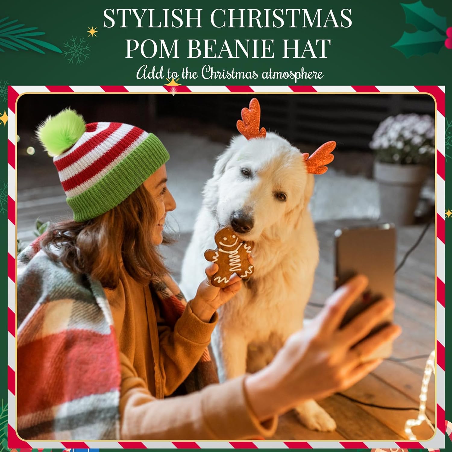 Shihanee Christmas Elf Beanie Hat with Green Furry Pompom White Red Green Striped Knitted Hats for Women Men Santa Costume Winter Accessories Party Supplies - Image 6