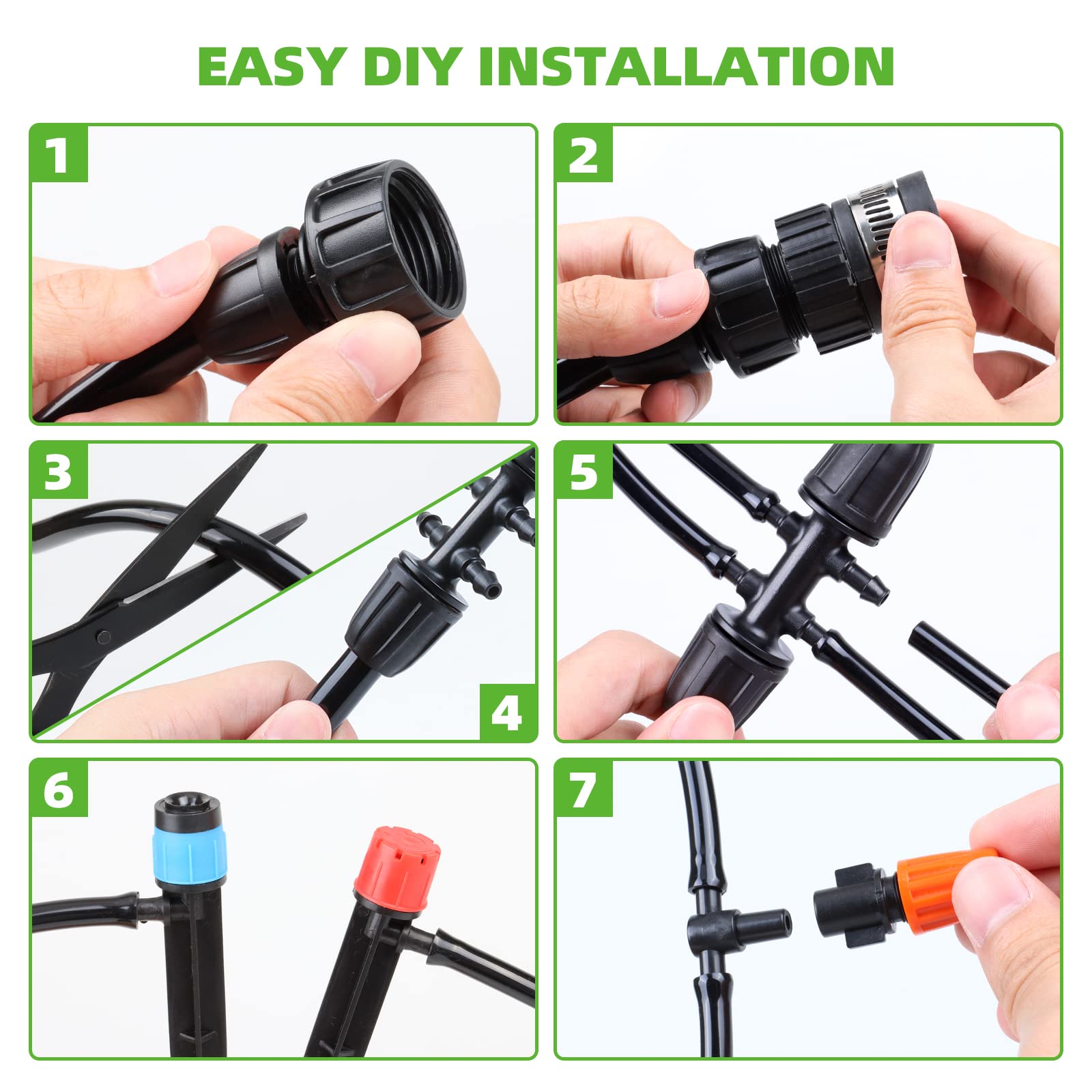 Kit per sistema di irrigazione a goccia per giardino, sistema di irrigazione con ugelli regolabili, tubo flessibile da 1/2 e 1/4", raffreddamento automatico fai da te per prato esterno, patio, serra