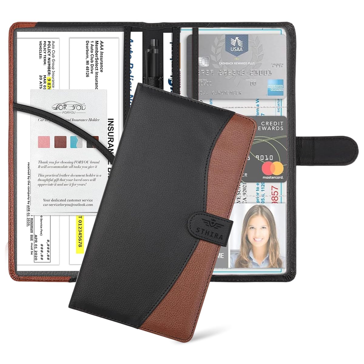 STHIRA® Car Document Holder with Secure Closure, Durable Auto Truck Document Bag with Multi Compartment Card Slots Bifold PU Leather Car Registration And Insurance Holder For Glove Box, License, Cards-image-18
