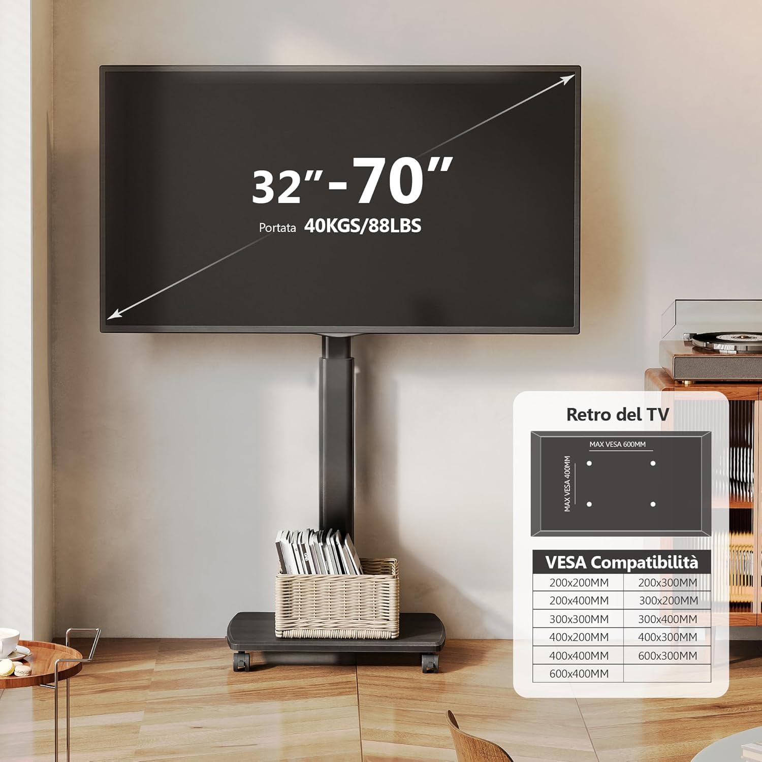 FITUEYES Supporto TV Da Pavimento Mobile Per TV 32–70 Pollici Fino A 40 KG, Altezza Regolabile E Girevole, Con Base In Legno, VESA Massimo 600×400, Ideale Per Appartamenti E Uffici