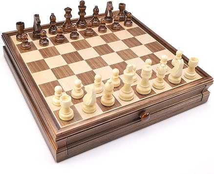 AMEROUS 15 x 15 Wooden Chess & Checkers Set with Built-in Storage Drawers/Weighted Chess Pieces / 2 Bonus Extra Queens / 24 Cherkers Pieces/Classic 2in1 Board Games for Kids, Adults