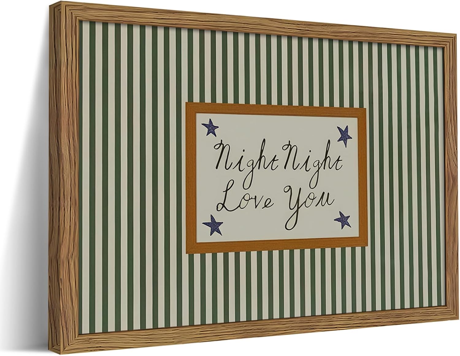 Vintage Green Wall Art, Mid Century Night Night Love You Stripe Canvas Wall Decor Painting, Modern Minimalist Nursery Striped Prints Pictures for Baby Room Kids Bedroom 12x16 Inch Framed