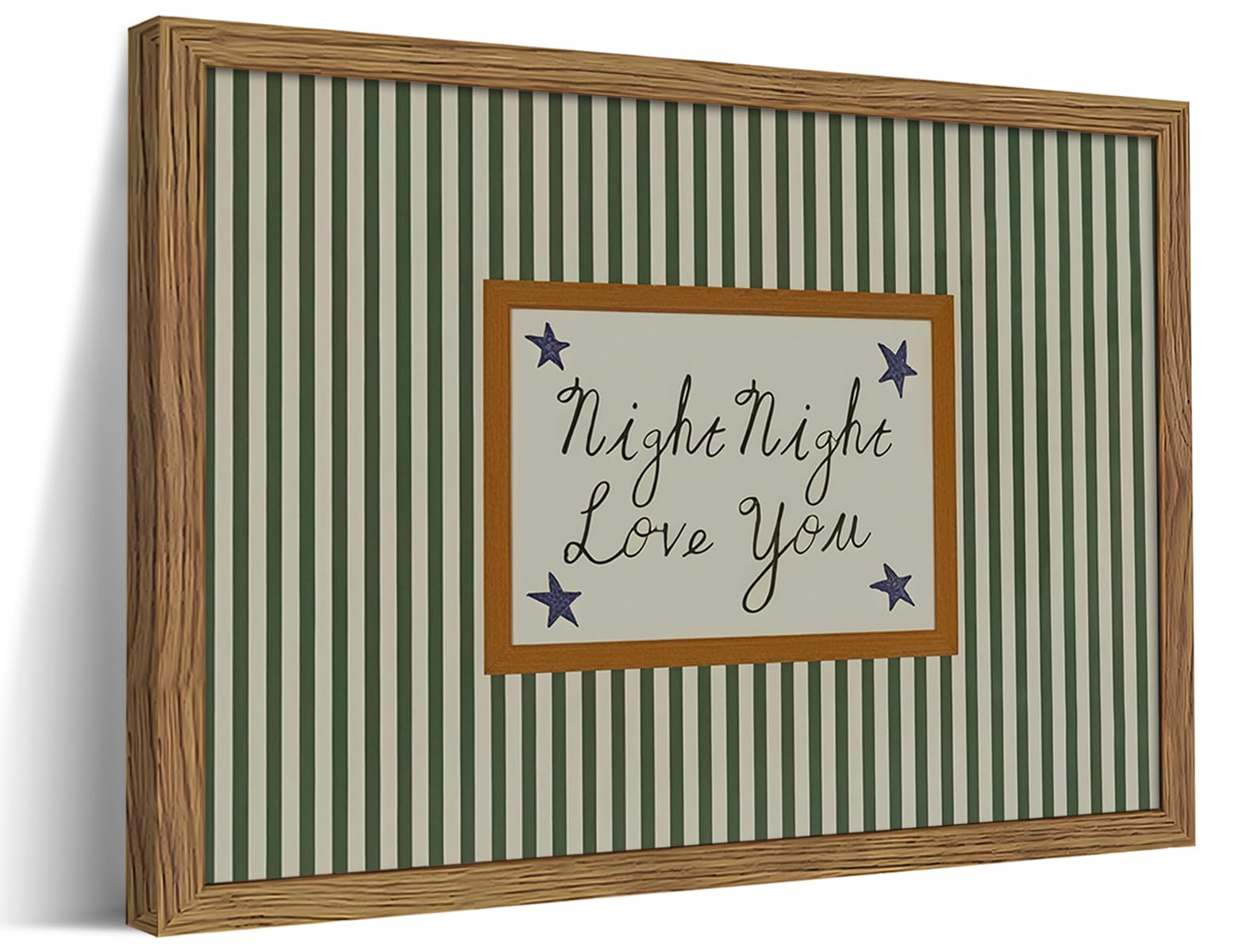 Vintage Green Wall Art, Mid Century Night Night Love You Stripe Canvas Wall Decor Painting, Modern Minimalist Nursery Striped Prints Pictures for Baby Room Kids Bedroom 12x16 Inch Framed