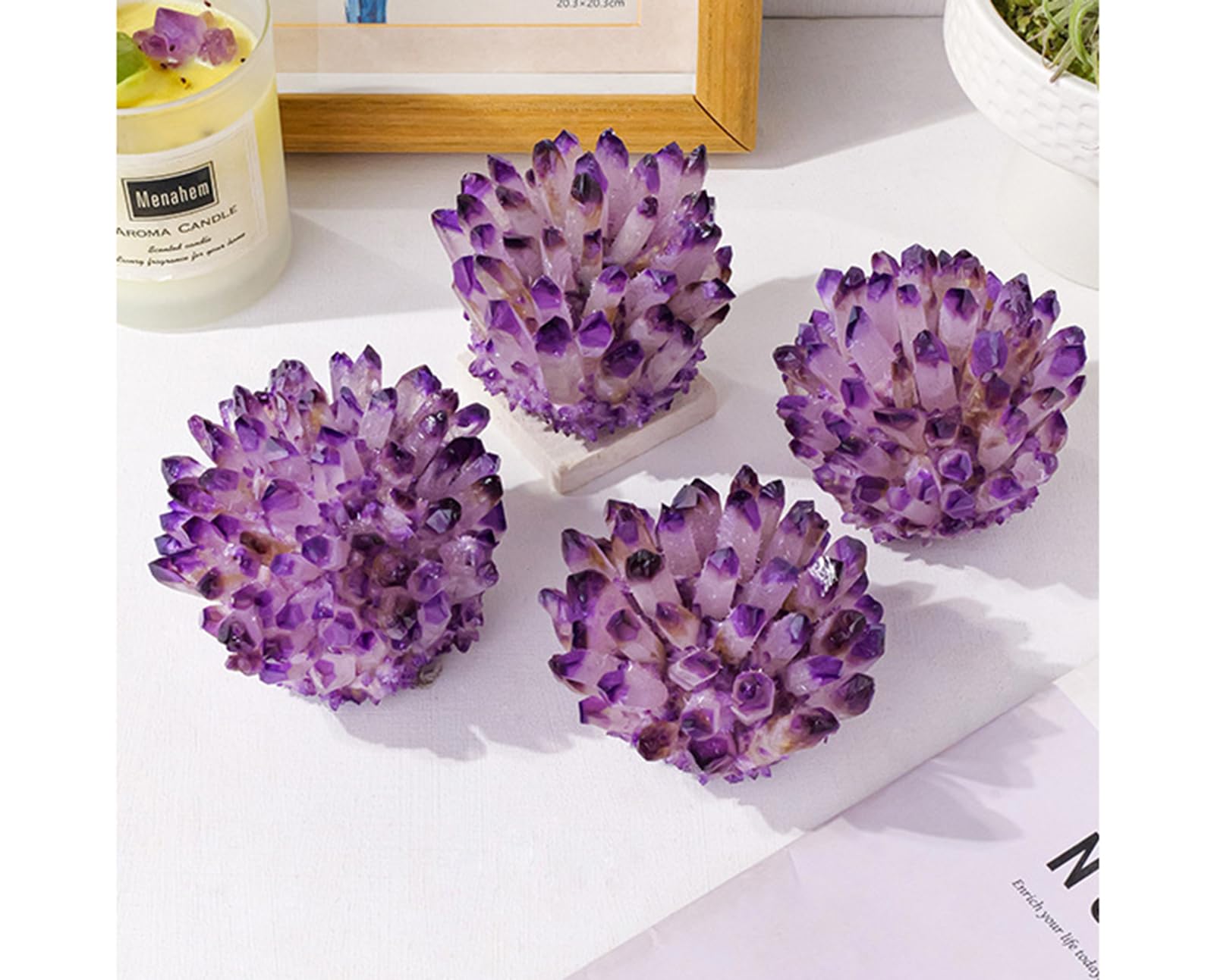 Lab Phantom Cluster di Cristalli di Quarzo con Supporto in Legno Campione di minerali curativi VUG Home Office Decorazione Acquario (Ametista Viola),300~350g