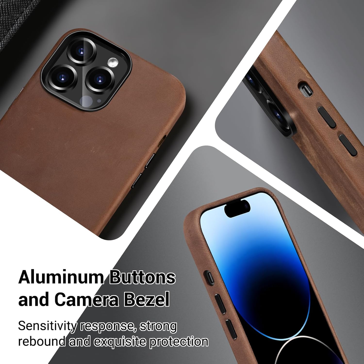 Belemay Compatible with iPhone 14 Pro Max Leather Case with Magsafe - Top Grain Vintage Crazy Horse Leather - Metal Buttons & Camera Bezel - Slim Fit - Premium Phone Cover (6.7-inch)-Retro Brown - Image 3