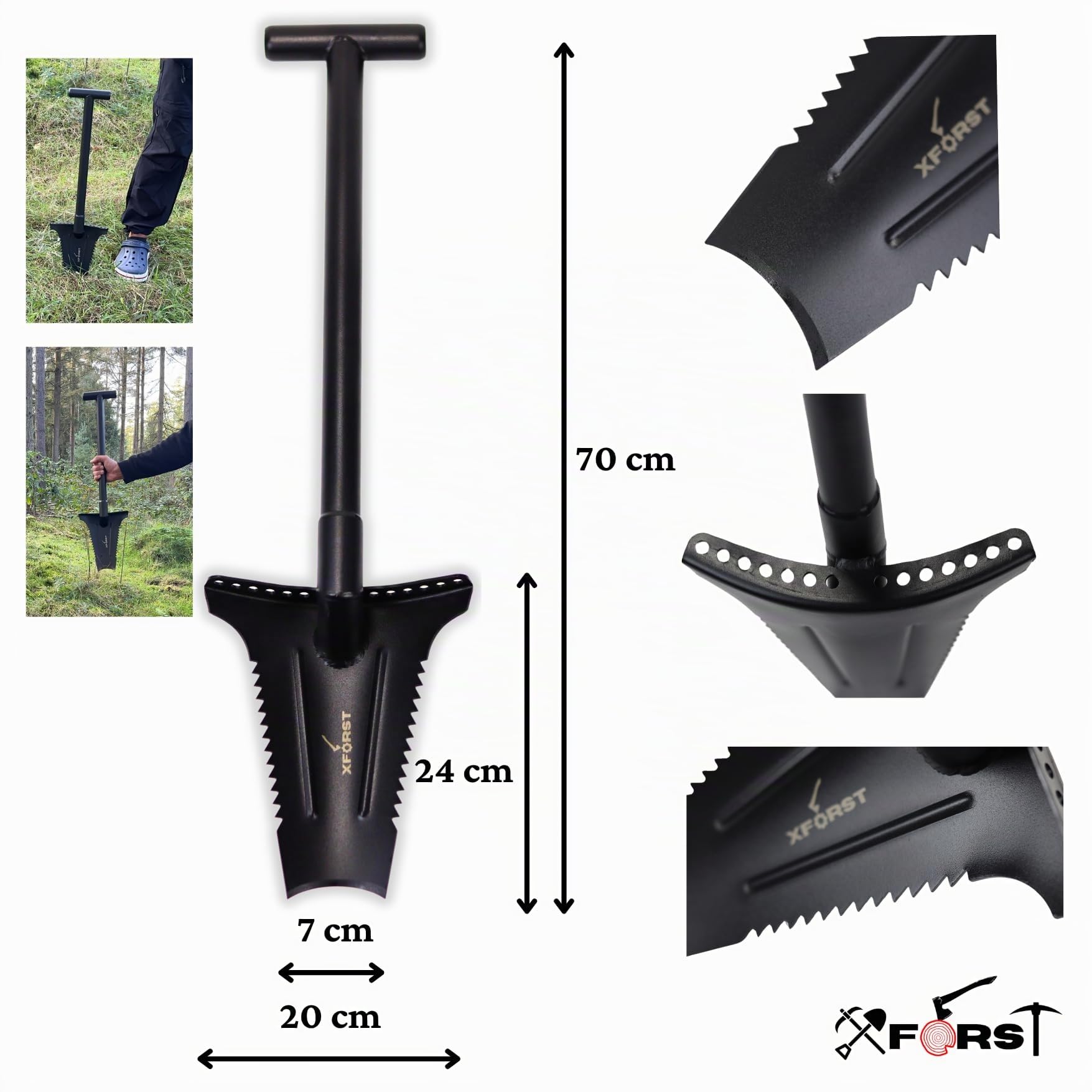 Xforst X-SZ1 Bêche en Acier au Carbone – 70 cm, 1,36 kg, Lame Trapezoïdale avec Bord Tranchant, Idéale pour Le Jardinage, l'Élimination des Racines, Détecteur de Métaux/Bord de Repose-Pied Renforcé