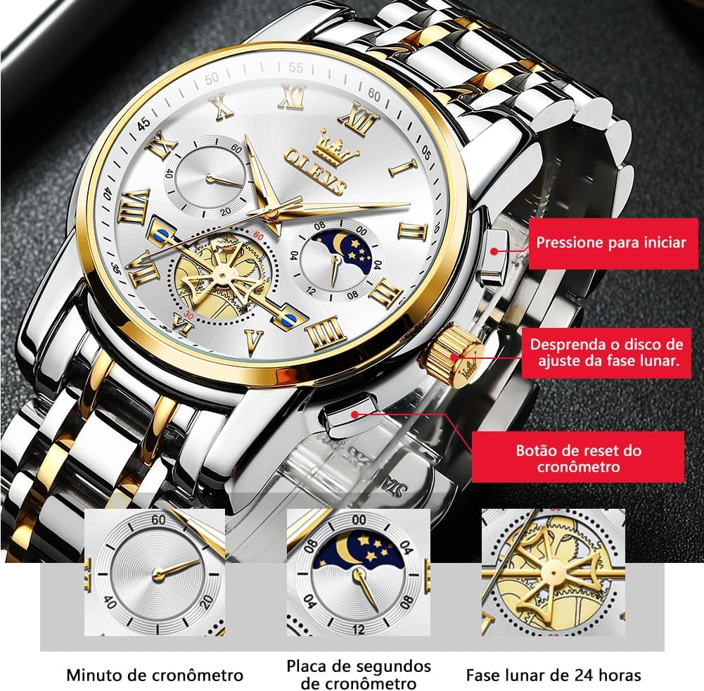 OLEVS relógio masculino cronógrafo profissional - quartzo com data, pulseira em aço inoxidável, resistente à água 30m e luminoso - presente executivo