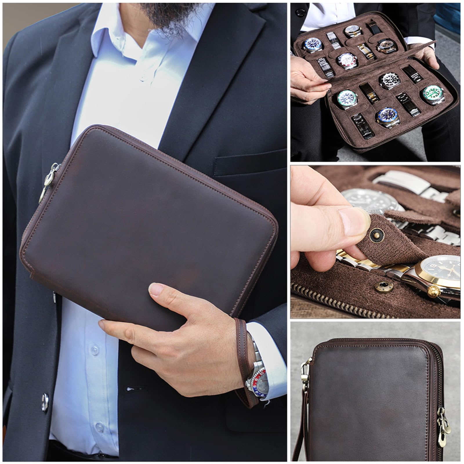 CONTACTS Herren-Armbanduhr, echtes Leder, mit Reißverschluss, schmale Box, minimalistische Vintage-Uhr, Handtasche, Clutch mit Befestigungsriemen (Kaffeebraun - 8 Fächer)